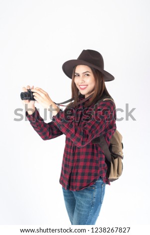Beautiful traveller woman on white background 