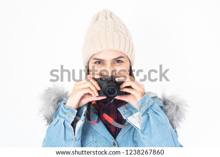 Beautiful traveller woman on white background 