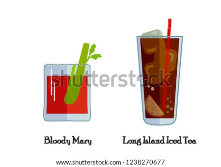 Bloody Mary and Long Island Iced Tea cocktails. Vector Illustration. Flat design.