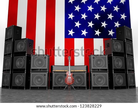 Guitar amps and guitar against the USA flag