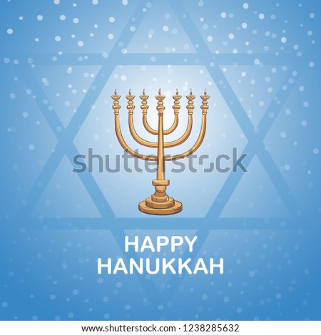 Vector poster on a blue background with an inscription happy hanukkah and menorah.