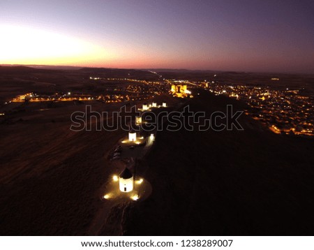 Spain. Windmills in Consuegra, Toledo. Don Quixote of Cervantes. Drone Photo