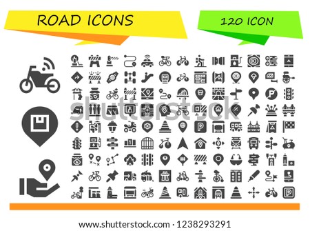 Vector icons pack of 120 filled road icons. Simple modern icons about  - Motorbike, Location pin, Location, Landscape, Barrier, Route, Autonomous car, Bike, Hiking, Seat belt, Gas station