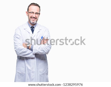 Middle age senior hoary professional man wearing white coat over isolated background happy face smiling with crossed arms looking at the camera. Positive person. Royalty-Free Stock Photo #1238295976