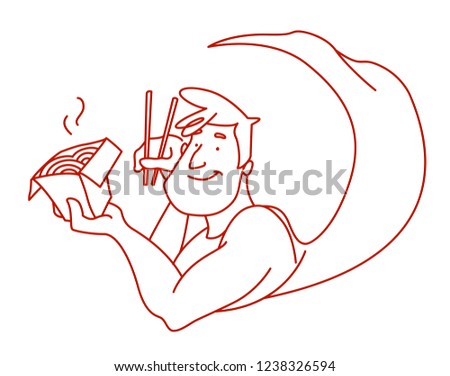 Fast food restaurant logo template. Super hero for food delivery. Superman holding a box of Chinese noodles.
