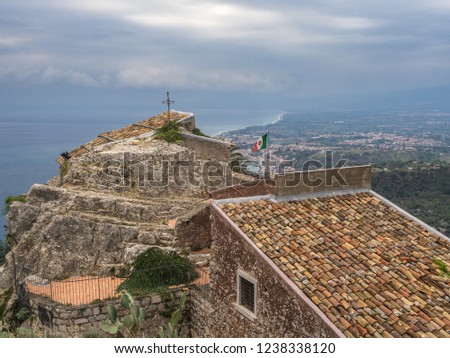 The view to the Sicilys coast from Santuario Madonna della Rocca outlook, Taormina, Siciliy, Italy