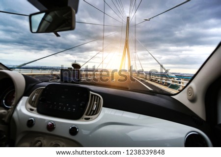 view of The Normandy Bridge in France across the river Seine from the car window. Pont de Normandie. Autotrip
 Royalty-Free Stock Photo #1238339848