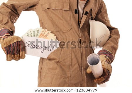 Construction worker with illegal money in his pocket Royalty-Free Stock Photo #123834979