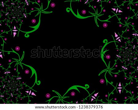 A hand drawing pattern made of green and pink on a black background.