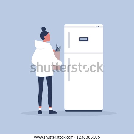 Daily routine. Grocery shopping. Young female character putting the groceries into the refrigerator. Flat editable vector illustration, clip art