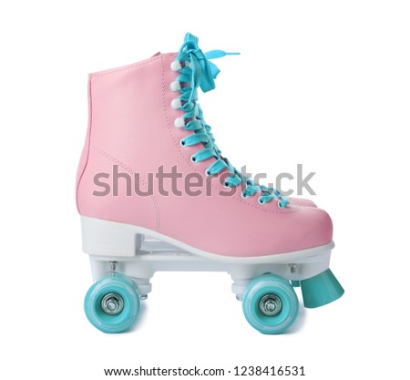 Pair of stylish quad roller skates on white background