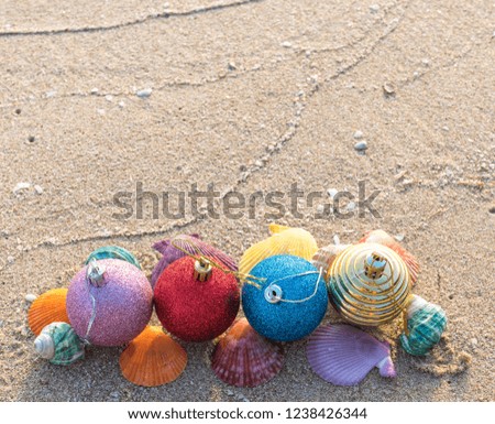 Christmas  ornament  and  colorful  seashells  on  sandy  beach.