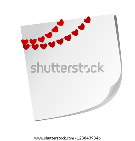 Red paper hearts on a string decoration party pendants for the birthday celebration, festival and fair decoration on white reminder sticker. Vector illustration elements.