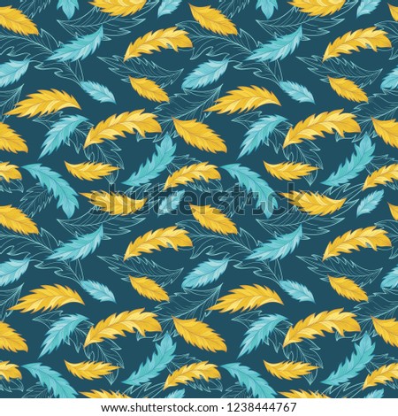 Elegant Vector Pattern with Detailed Palm Feather Leaves
Seamless tropical pattern with orange and azure foliage