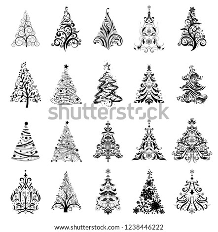 Collection of beautiful ornamental Christmas Trees to create holiday cards, backgrounds and decoration.