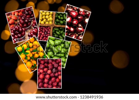 Photo collage of pictures of ripe vegetables on a dark background.