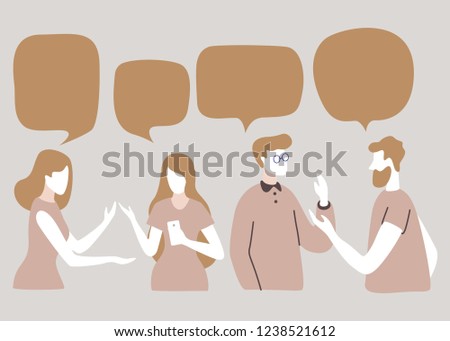 Vector illustration, social networks, flat style, news, chat, businessmen discuss social network dialogue speech bubbles