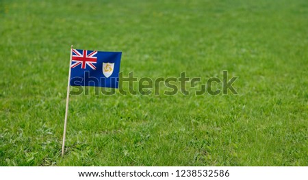 Anguilla flag. Photo of Anguilla flag on a green grass lawn background. Close up of national flag waving outdoors.