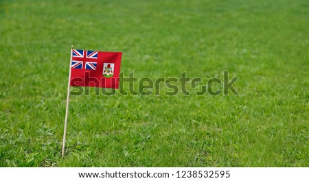 Bermuda flag. Photo of Bermuda flag on a green grass lawn background. Close up of national flag waving outdoors.