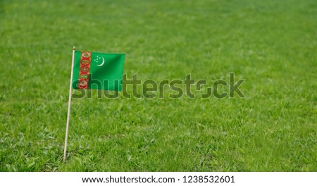 Turkmenistan flag. Photo of Turkmenistan flag on a green grass lawn background. Close up of national flag waving outdoors.