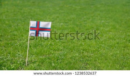 Faroe Islands flag. Photo of Faroe Islands flag on a green grass lawn background. Close up of national flag waving outdoors.