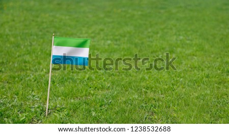 Sierra Leone flag. Photo of Sierra Leone flag on a green grass lawn background. Close up of national flag waving outdoors.