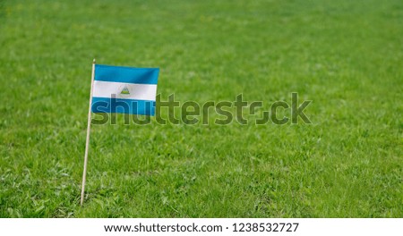 Nicaragua flag. Photo of Nicaragua flag on a green grass lawn background. Close up of national flag waving outdoors.