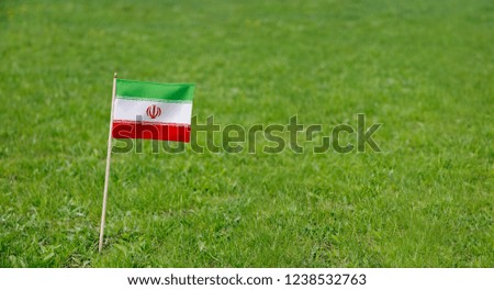 Iran flag. Photo of Iran flag on a green grass lawn background. Close up of national flag waving outdoors.