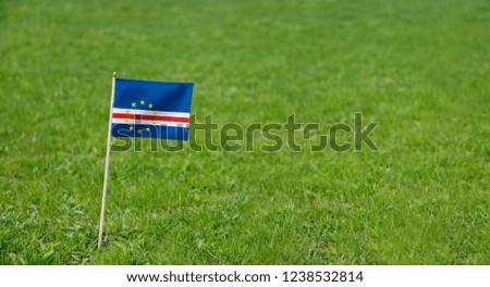 Cape Verde flag. Photo of Cape Verde flag on a green grass lawn background. Close up of national flag waving outdoors.