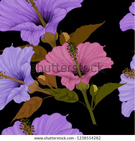 Vector. Hibiscus - flowers and buds. Seamless background pattern. Perfume and cosmetic plants. Wallpaper. Decorative composition. Use printed materials, signs, posters, postcards, packaging.