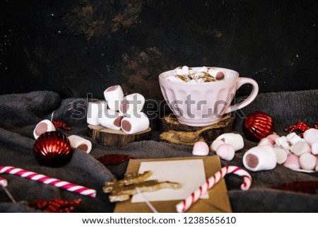 Good New Year spirit. Coffee with marshmallows and cinnamon. Pink mug. Cooking yourself. Home comfort. New Year. Christmas time. Winter mood.Letter to Santa Claus. To Do list.New Year resolution