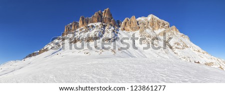 Panoramic winter view of Italian Alps with the Sella group, Dolomites, Italy