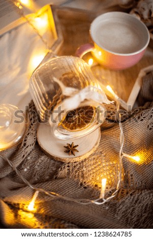 Jar of cinnamon, vanilla and citrus. Mug of hot cappuccino on a wooden tray is on the bed. Cozy decor. Book. Christmas lights. Holidays.