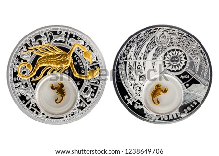 Belarus silver coin 2013 astrology Scorpio isolated white background