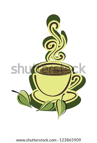 Cup of hot herbal tea and leaves on white background. Vector eps10 illustration. Raster file included in portfolio