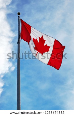 Flag of Canada waving on blue sky background and clouds