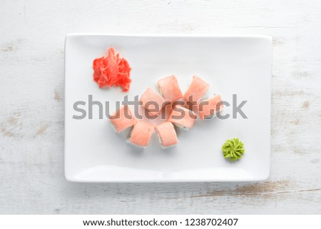 Set Sushi roll with fish and cheese. Chinese traditional dish. Top view. Free copy space.