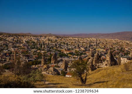 GOREME, TURKEY: Top view from the observation deck on the home, the Church and the cliffs