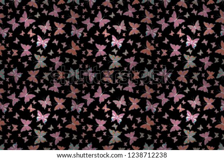 Abstract pattern for boys, girls, clothes, wallpaper. Seamless pattern with lot of different butterflys. Raster. Pictures in black, pink and neutral colors. Fantasy illustration.