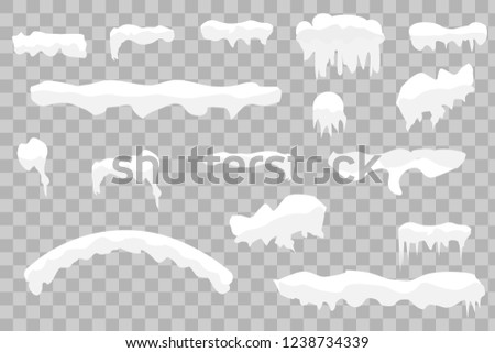 Snow caps, snowballs and snowdrifts set. Snow cap vector collection. Winter decoration element. Snowy elements on winter background. Snowfall and snowflakes in motion. Vector illustration. Royalty-Free Stock Photo #1238734339