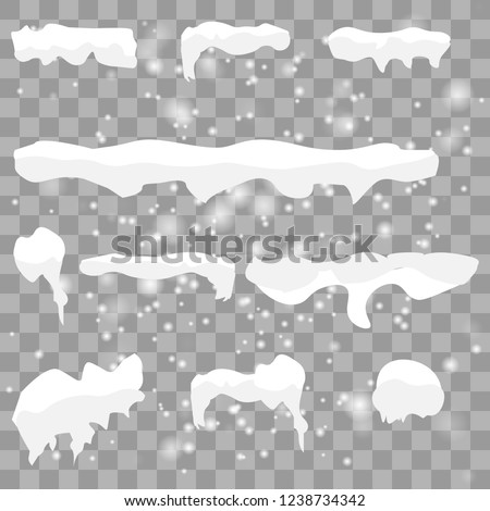 Snow caps, snowballs and snowdrifts set. Snow cap vector collection. Winter decoration element. Snowy elements on winter background. Snowfall and snowflakes in motion. Vector illustration. Royalty-Free Stock Photo #1238734342