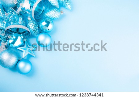 Blue christmas decorations. Holiday background.