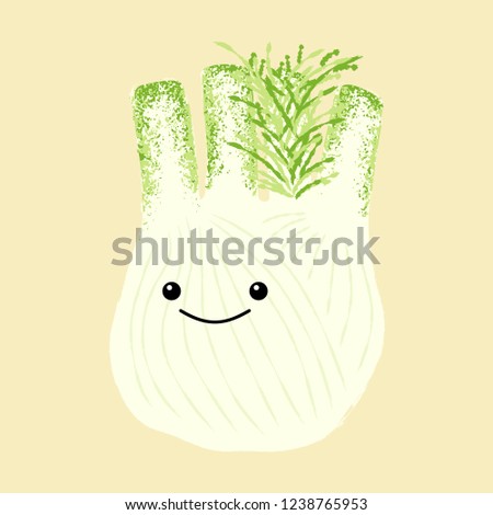 Vector illustration of an isolated fennel with painted texture and a happy smiling face.