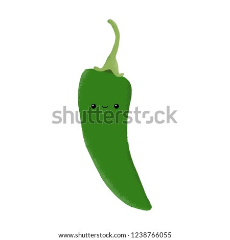 Vector illustration of an isolated green chilli pepper with painted texture and a happy smiling face.