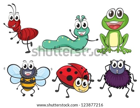 Illustration of various insects and animals on a white background