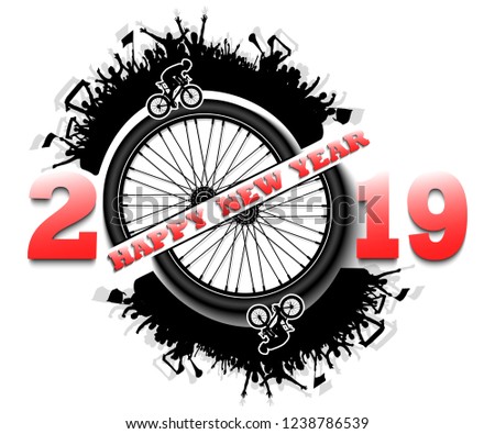 Happy new year 2019 and bicycle wheel with cycling fans. Creative design pattern for greeting card, banner, poster, flyer, party invitation, calendar. Vector illustration