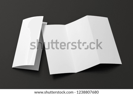 Blank trifold brochure A4 booklet on black background with clipping path. Folded and unfolded. 3D illustration