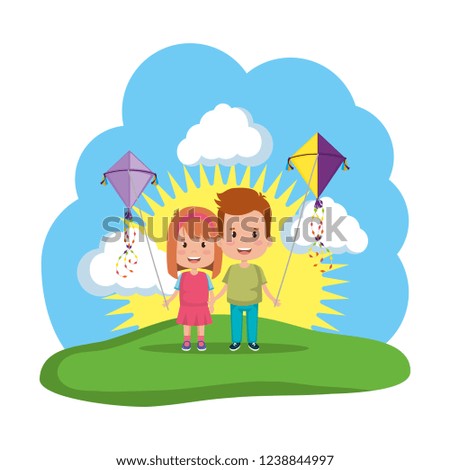 kids couple with kite flying in the field