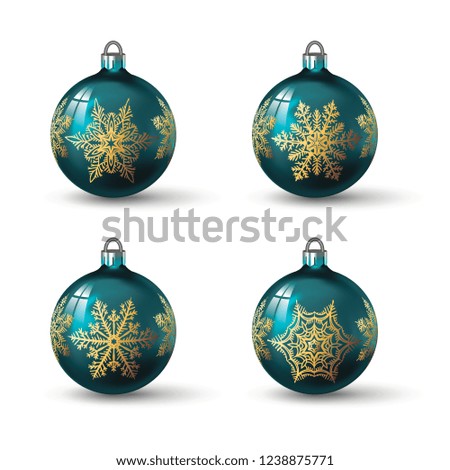 Blue turquoise colored christmas balls with different snowflake ornament on it. Set of isolated realistic glass balls. Vector illustration for your design.