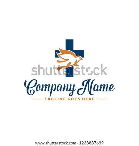 Church logo. Christian symbols. The Cross of Jesus, the fire of the Holy Spirit and the dove.